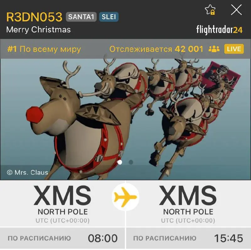Санта-Клаус снова полетел по карте Flightradar24.
Каждый год 24 декабря оленья упряжка становится самым отслеживаемым ВС в мире | Сетка — социальная сеть от hh.ru