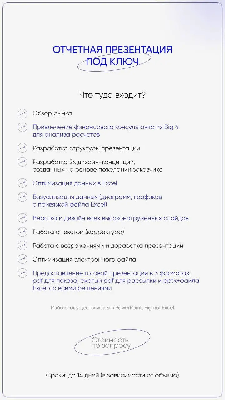 Презентации, которые у меня можно заказать под ключ ⬇️
1. Отчетная презентация
2. Инвестиционная презентация
3. Коммерческое предложение
4. Презентация о компании
5. Презентация для выступления
6 | Сетка — социальная сеть от hh.ru