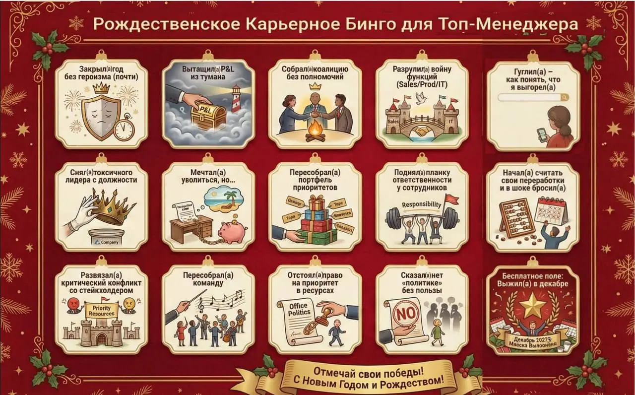 🎄 Новогоднее Карьерное Бинго для топ-менеджеров: подводим итоги года!
1️⃣ 🥲😀🥹😀😉☺️😅❤️
Готовы узнать, насколько насыщенным выдался ваш рабочий год? Специально для первого дня нашего адвента я с ИИ подго... | Сетка — социальная сеть от hh.ru