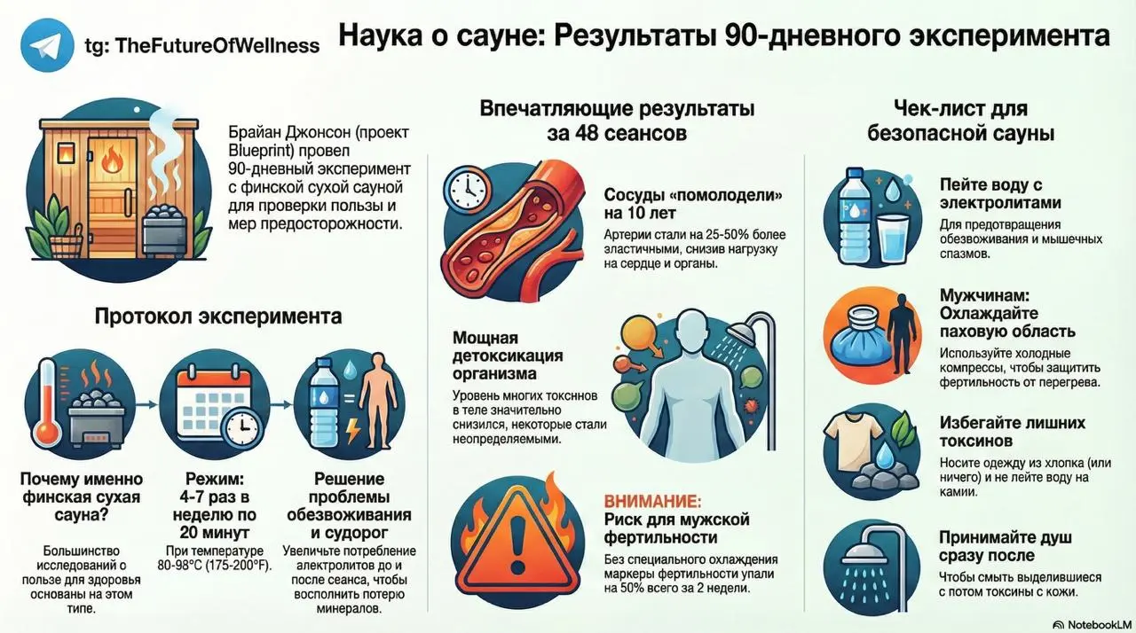 Биохакер Брайан Джонсон провел над собой очередной эксперимент. На этот раз он в течение 90 дней подряд посещал сауну и замерял, как это скажется на его организме | Сетка — социальная сеть от hh.ru