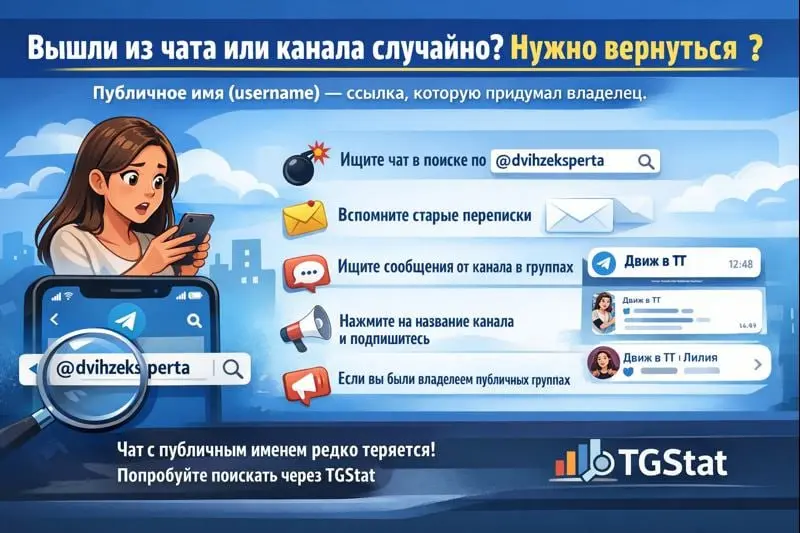✅ Вышли из чата или канала случайно и нужно вернуться?
Публичным именем (username),называется канал или чат, ссылку которую придумал сам владелец | Сетка — социальная сеть от hh.ru