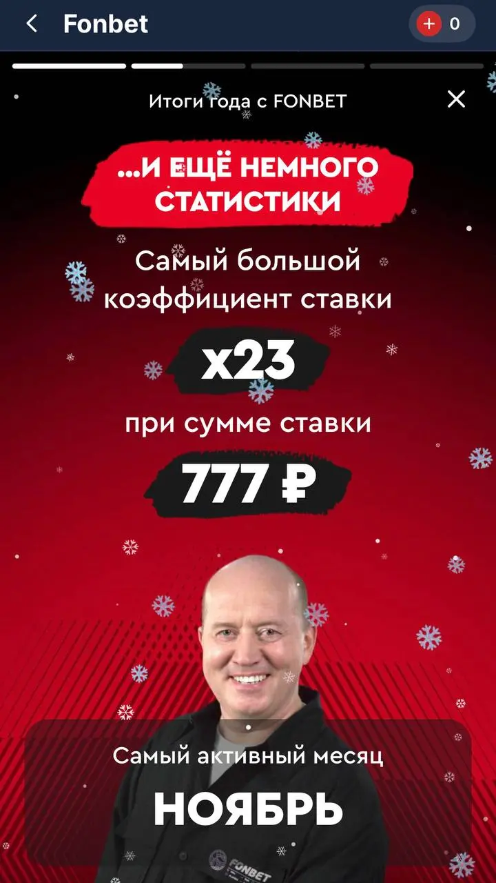 ⚡️ FONBET опубликовал итоги года!
Персональные, для игроков.
На креативах амбассадоры Овечкин, Бурунов и Пирло.
Внутри — цифры по ставкам, выигрышам, кэфам, спорту, датам.
Не так детально, как у PARI | Сетка — социальная сеть от hh.ru