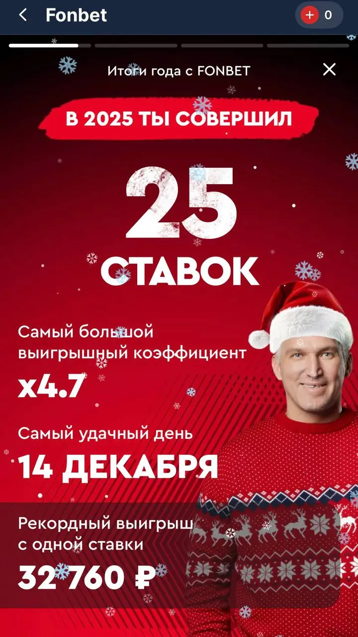 ⚡️ FONBET опубликовал итоги года!
Персональные, для игроков.
На креативах амбассадоры Овечкин, Бурунов и Пирло.
Внутри — цифры по ставкам, выигрышам, кэфам, спорту, датам.
Не так детально, как у PARI | Сетка — социальная сеть от hh.ru
