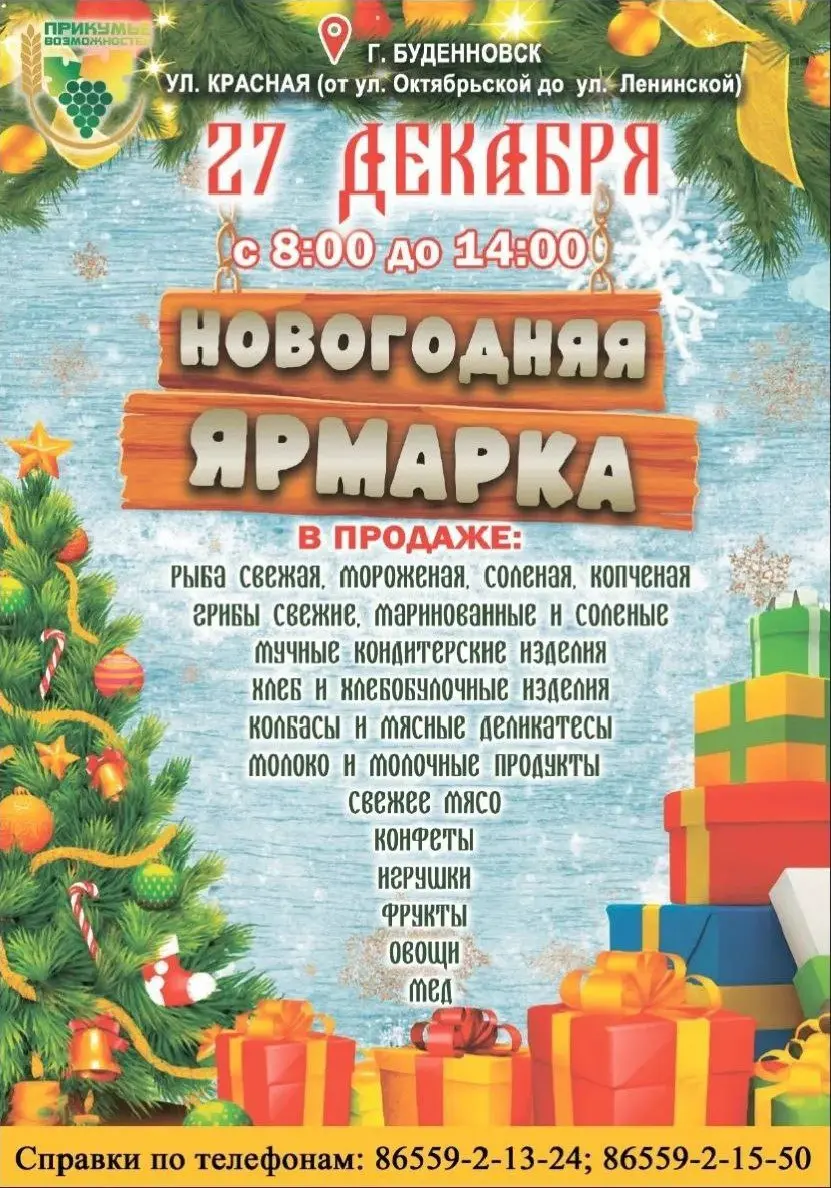 В Будённовске 27 декабря пройдёт новогодняя ярмарка
Традиционная продовольственная ярмарка развернётся на улице Красной в районе ДК. Жителей приглашают за покупками к праздничному столу | Сетка — социальная сеть от hh.ru