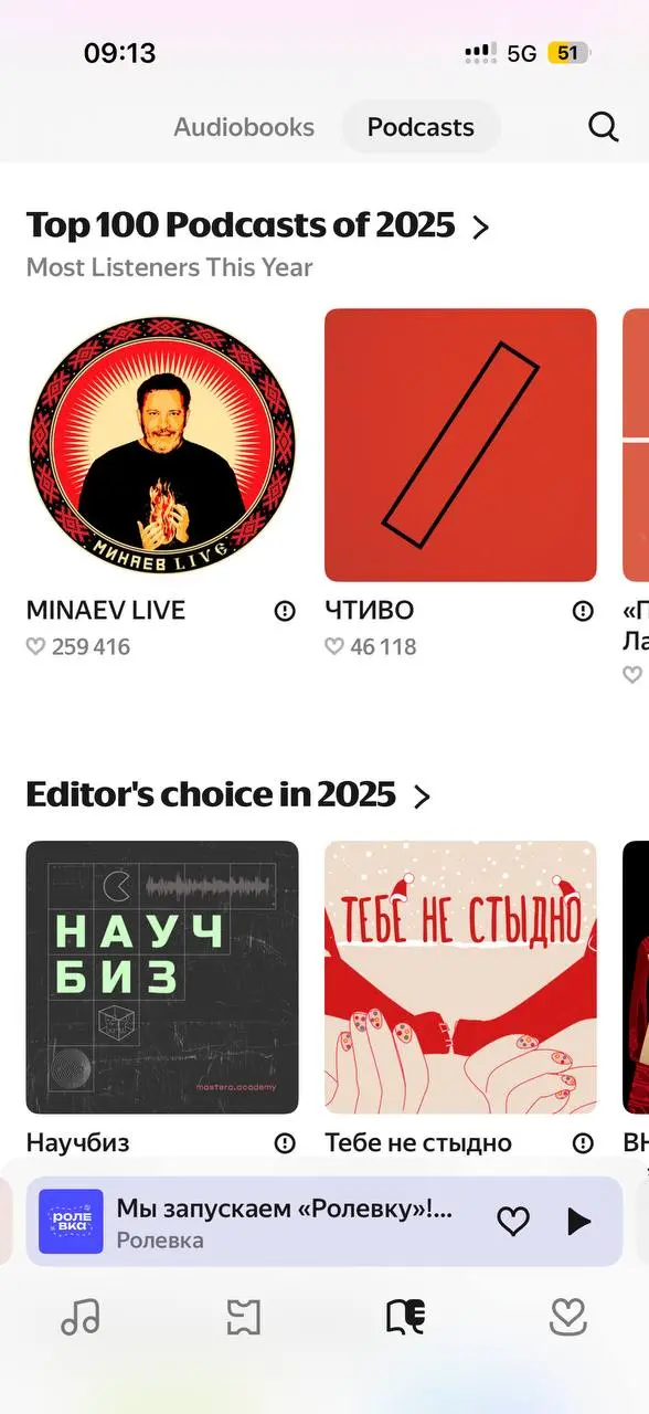 (про проекты в топах)
«Яндекс.Музыка», кстати, опубликовала топы лучших подкастов за год. В этот раз списка всего два: общий топ по аудитории и выбор редакции | Сетка — социальная сеть от hh.ru