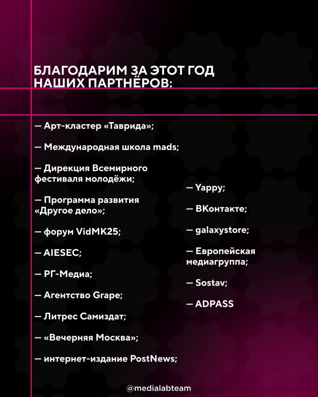 🙌 В сегодняшних карточках — благодарность каждому партнёру MEDIALAB, кто в 2025 году был с нами!
А всех, кто хочет обсудить партнёрство или сделать с нами крутую коллаборацию в 2026 году, приглашаем к... | Сетка — социальная сеть от hh.ru