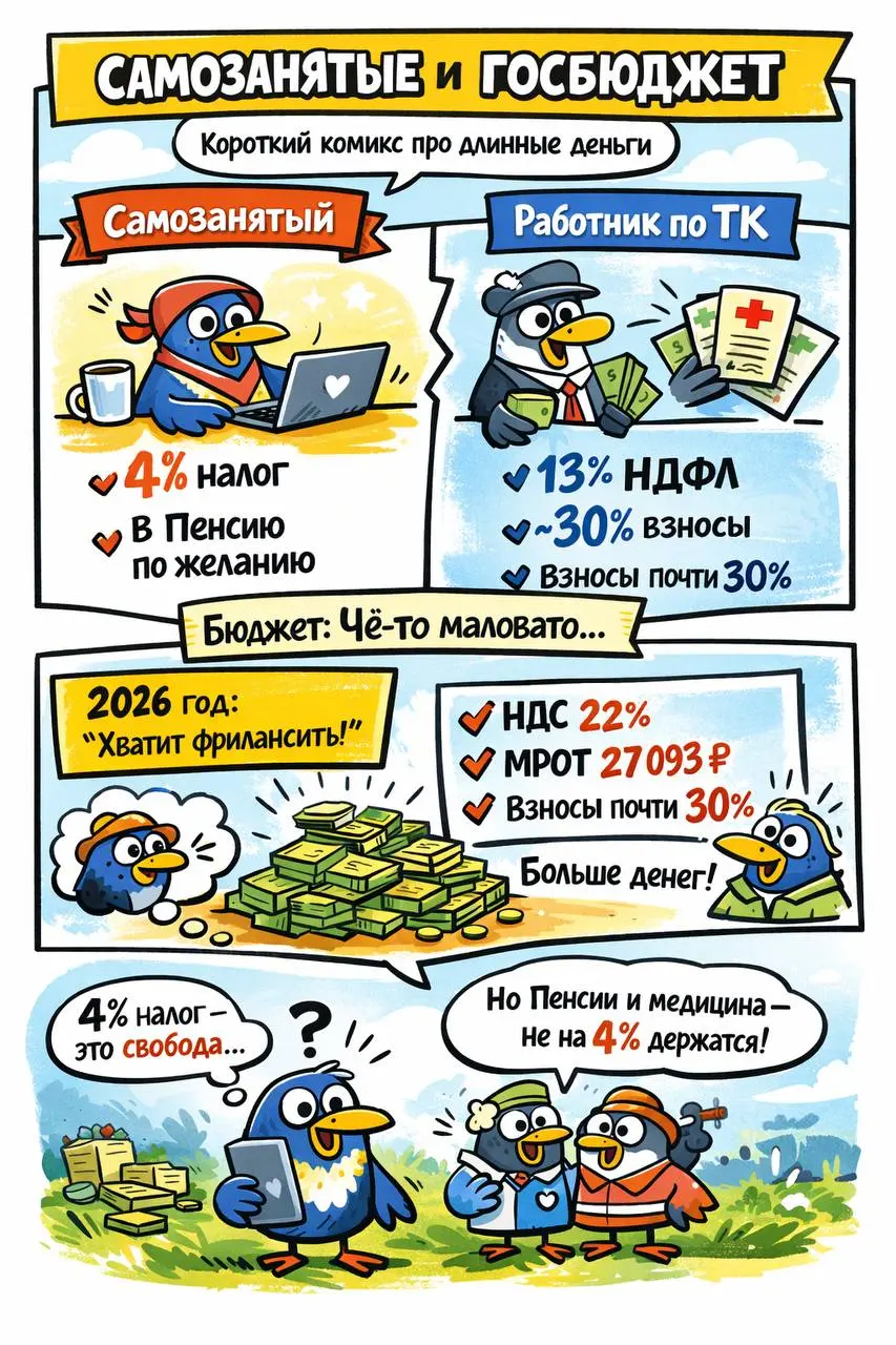 🧾 САМOЗАНЯТЫЕ И БЮДЖЕТ
очень коротко о сложных деньгах
🧍‍♂️ Кто сегодня работает в России
👉 15 миллионов человек — самозанятые
(официально, по данным ФНС)
Это:
➖курьеры
дизайнеры
➖айтишники
➖HR-консул... | Сетка — социальная сеть от hh.ru