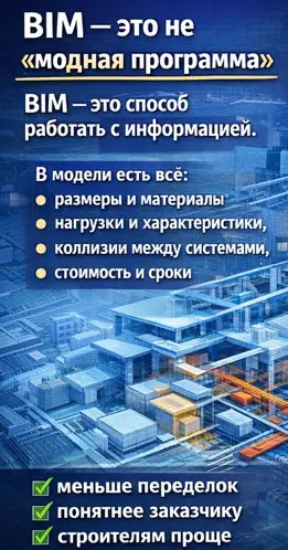 BIM — это не “модная программа”
BIM часто воспринимают как 3D-картинку.
Но на самом деле — это способ работать с информацией | Сетка — социальная сеть от hh.ru