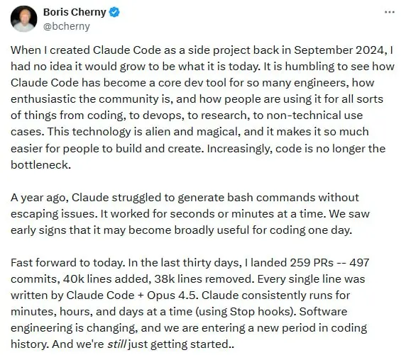 Саша Белый Борис Черный (создатель Claude Code из Anthropic) выкатил пост, от которого у адептов «тупенький ИИ ничего особо не даёт» либо будет очередной приступ разрыва жоп, либо приступ «они все вру... | Сетка — социальная сеть от hh.ru