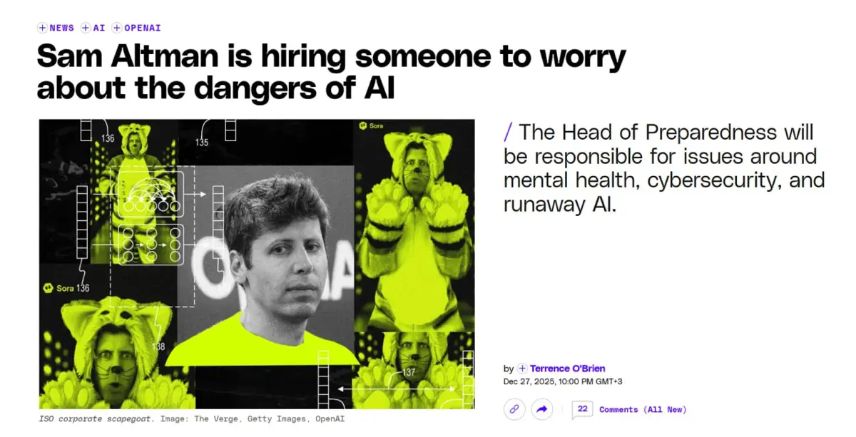 Сэм Альтман сообщил, что OpenAI планирует нанять сотрудника, который будет заниматься выявлением и анализом угроз, связанных с искусственным интеллектом
По словам Альтмана, человечество входит в этап,... | Сетка — социальная сеть от hh.ru