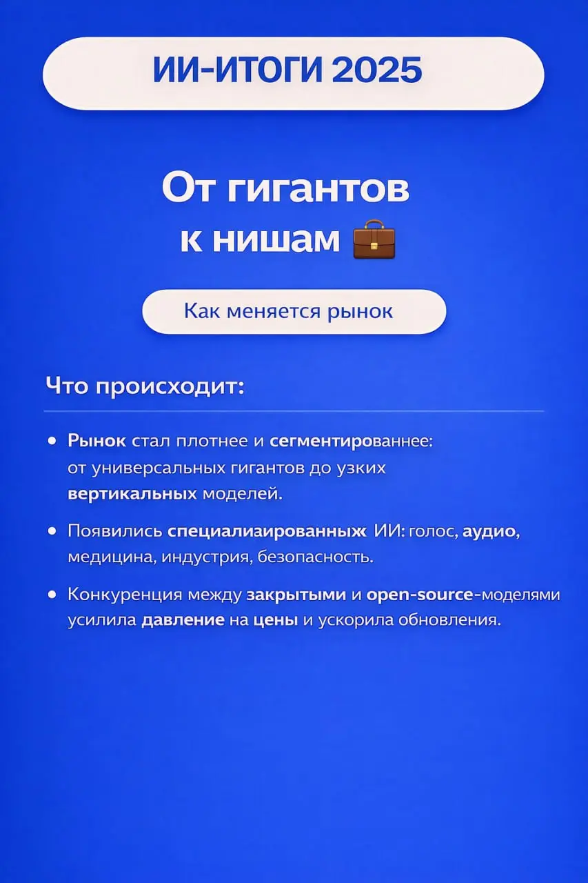 2025 — ГОД БОЛЬШИХ МОДЕЛЕЙ И БОЛЬШИХ НЕРВОВ 🤖⚡️
Раз эфир не сложился, собрал в карточках ИИ-итоги года: от гонки больших моделей и новых законов до медицины, чипов и того, как рынок вообще поменялся ⬆... | Сетка — социальная сеть от hh.ru