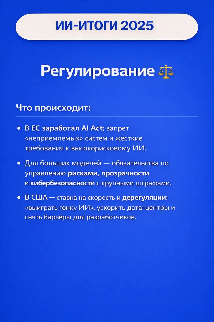 2025 — ГОД БОЛЬШИХ МОДЕЛЕЙ И БОЛЬШИХ НЕРВОВ 🤖⚡️
Раз эфир не сложился, собрал в карточках ИИ-итоги года: от гонки больших моделей и новых законов до медицины, чипов и того, как рынок вообще поменялся ⬆... | Сетка — социальная сеть от hh.ru