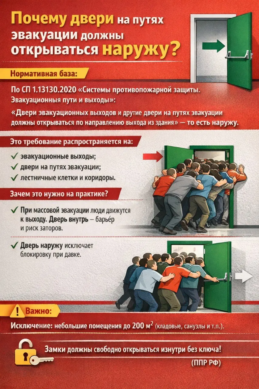 🚪 Почему двери на путях эвакуации должны открываться наружу?
📌 Нормативная база:
👉 По СП 1.13130.2020 «Системы противопожарной защиты | Сетка — социальная сеть от hh.ru