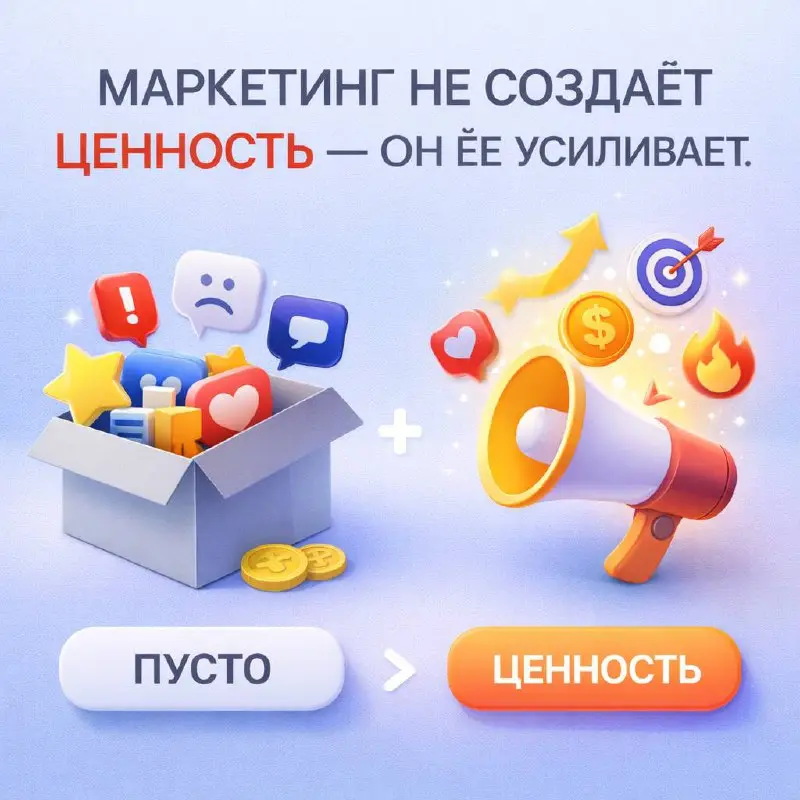 📣 Маркетинг не создаёт ценность — он её усиливает.
Если с сервисом или продуктом проблема, реклама это не спасёт.
Маркетинг может ускорить рост, усилить спрос, привлечь внимание | Сетка — социальная сеть от hh.ru