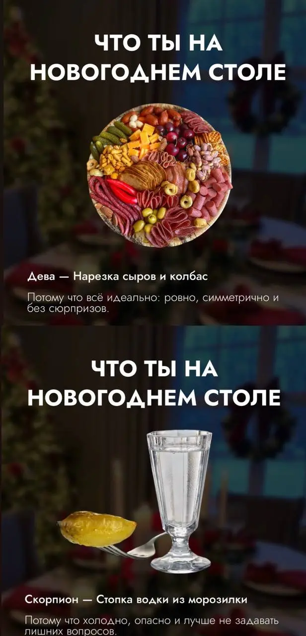 Астрологи выяснили, что вы на новогоднем столе по знаку зодиака: Скорпионы, как обычно, выделились.
Срочно ищем себя и коллег. | Сетка — социальная сеть от hh.ru