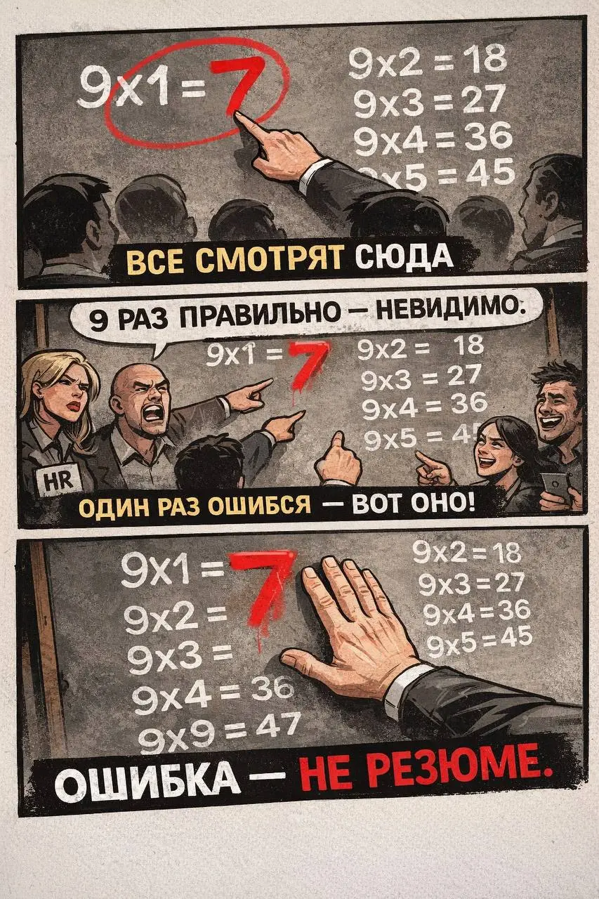 Ошибка — не резюме. Но рынок с этим не согласен
Однажды учитель написал на доске:
9×1 = 7
9×2 = 18
9×3 = 27
…
9×10 = 90
Класс взорвался смехом.
Не из-за девяти правильных ответов.
А из-за одной ошибки | Сетка — социальная сеть от hh.ru