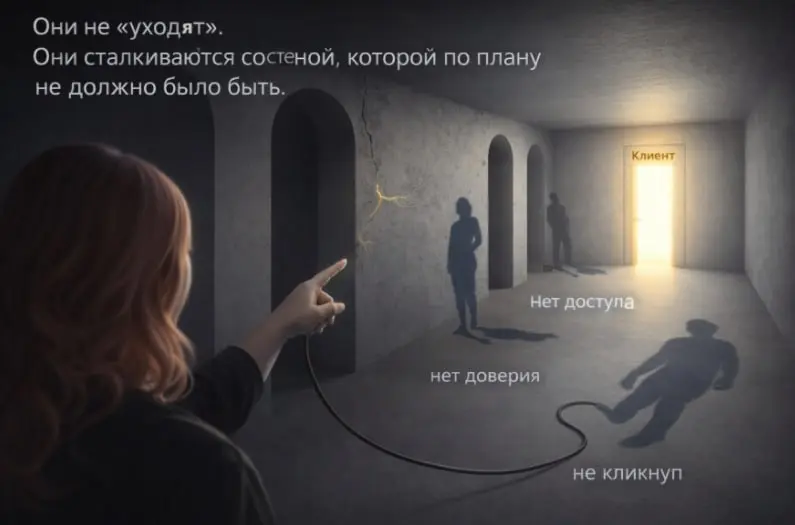 🧠 Почему люди не дошли?
«Не купили» — это не диагноз.
Диагноз — это: на каком именно шаге они выпали и почему.
✅ Шаг 1. Увидел пост, но не кликнул — значит, оффер не попал в боль.
✅ Шаг 2 | Сетка — социальная сеть от hh.ru