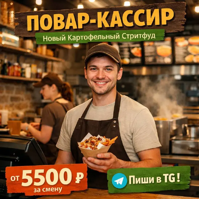 ПОВАР-КАССИР
4 500₽ - 5 500₽
Новый картофельный стритфуд
• Москва, центр (Пушкинская, Тверская, Чеховская)
• Рестораны/Кафе
Jober - удобный mini app с быстрым доступом к вакансиям» | Сетка — социальная сеть от hh.ru