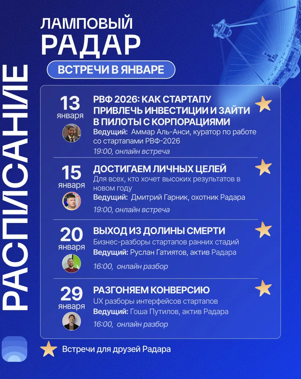 ⚡️Январь – календарь мероприятий сообщества Product Radar
🖥 Онлайн-встречи для Друзей
Получить доступ в наше закрытое сообщество и возможность ходить на эфиры можно по ссылке:
🏅productradar | Сетка — социальная сеть от hh.ru