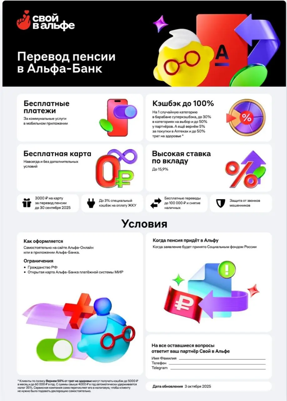 🔥🔥🔥🔥🔥🔥🔥🔥🔥
ДО 5 000 ₽ ЗА ПЕРЕВОД ПЕНСИИ ❤️
Новые и действующие клиенты, которые переведут пенсию в Альфа-Банк, смогут получить до 5000 ₽ на счёт.
Новым клиентам — 5000 ₽, действующим — 3000 ₽ | Сетка — социальная сеть от hh.ru