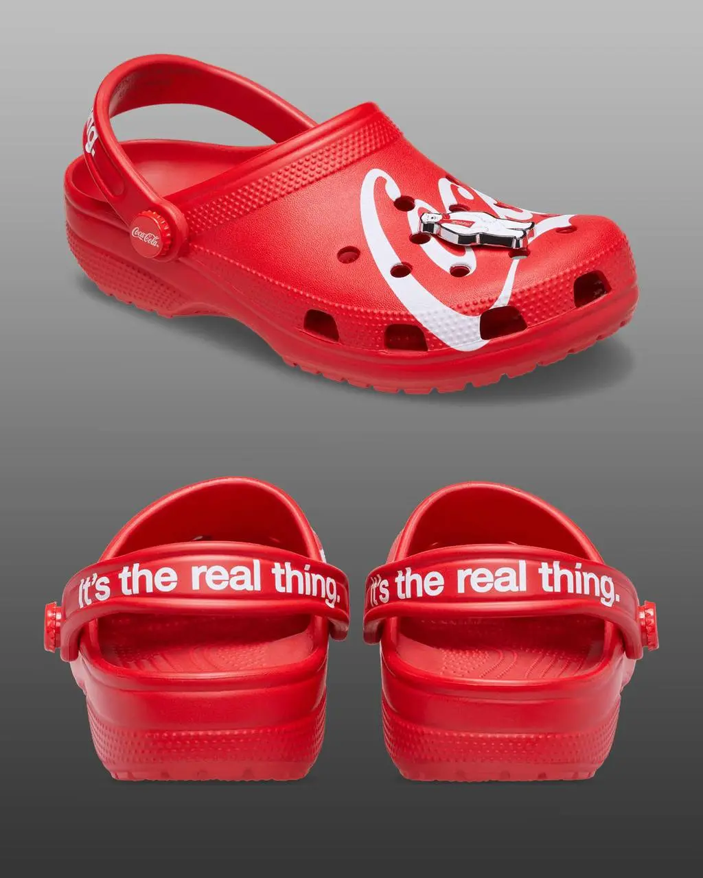 Coca Cola в коллабе с Crocs дропнула две пары клоггов — с отсылкой на классическую красную колу (с джиббитсами мишкой и крышечкой от газировки) и с отсылкой на диетическую серебристую колу | Сетка — социальная сеть от hh.ru