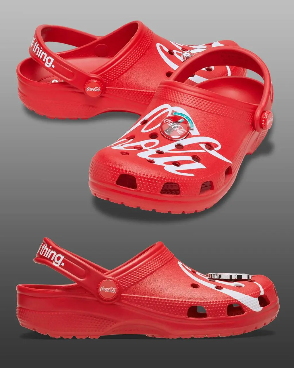 Coca Cola в коллабе с Crocs дропнула две пары клоггов — с отсылкой на классическую красную колу (с джиббитсами мишкой и крышечкой от газировки) и с отсылкой на диетическую серебристую колу | Сетка — социальная сеть от hh.ru