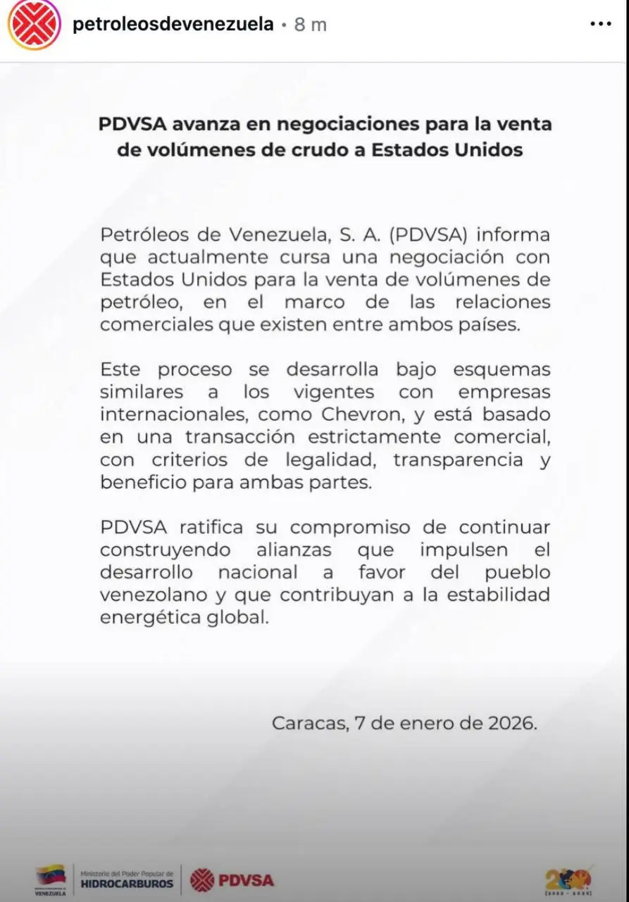 «Топливо Венесуэлы» подтверждает, что ведёт переговоры о продаже венесуэльской нефти Соединенным Штатам, в соответствии с требованиями Трампа
“Этот процесс развивается по схемам, аналогичным тем, кото... | Сетка — социальная сеть от hh.ru