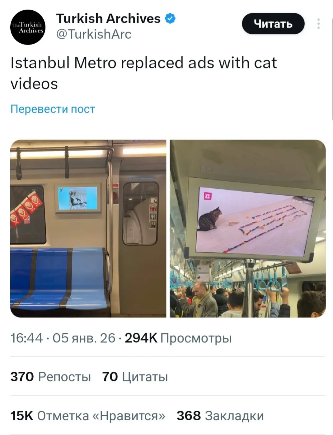 В турецком метро рекламу заменили на видео с котами. Пока едешь на работу — смотришь на лапки, носики и хвосты, а не на очередной «возьмите кредит».
Мурчащий андеграундовый маркетинг. Тоже хотим! | Сетка — социальная сеть от hh.ru
