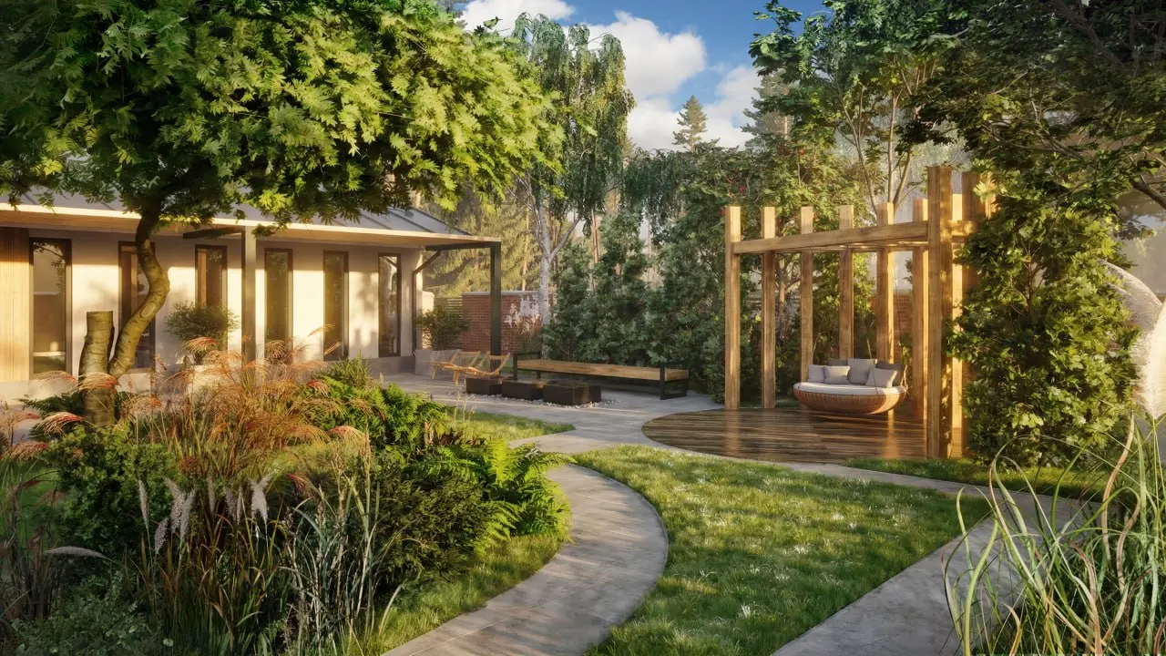 Сад, пергола, благоустройство. Различное освещение и атмосфера, визуализация в 3D #экстерьер #3dsmax #ландшафт #визуализатор #ландшафтныйдизайн #визуализациядвора #уютныйдвор | Сетка — социальная сеть от hh.ru