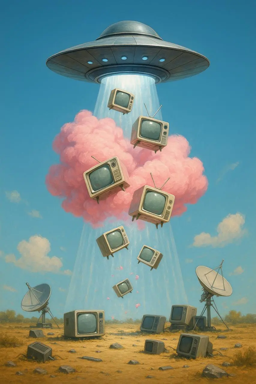 UFO is hovering in the sky, emitting a beam of light. This beam appears to be pulling up a large, fluffy, pink cloud that resembles cotton candy | Сетка — социальная сеть от hh.ru