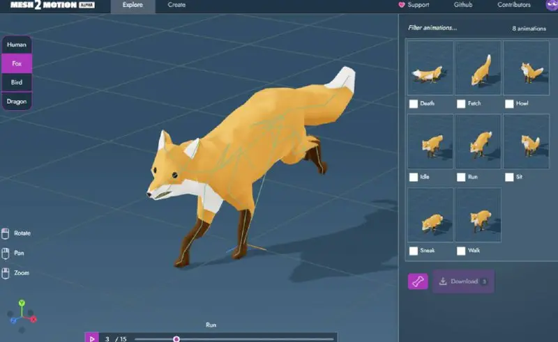 Mesh2Motion
Mesh2Motion — это веб-приложение для импорта 3D-моделей, автоматического назначения анимаций и их экспорта, аналогичное Mixamo, но с большей гибкостью по типам моделей и скелетов | Сетка — социальная сеть от hh.ru
