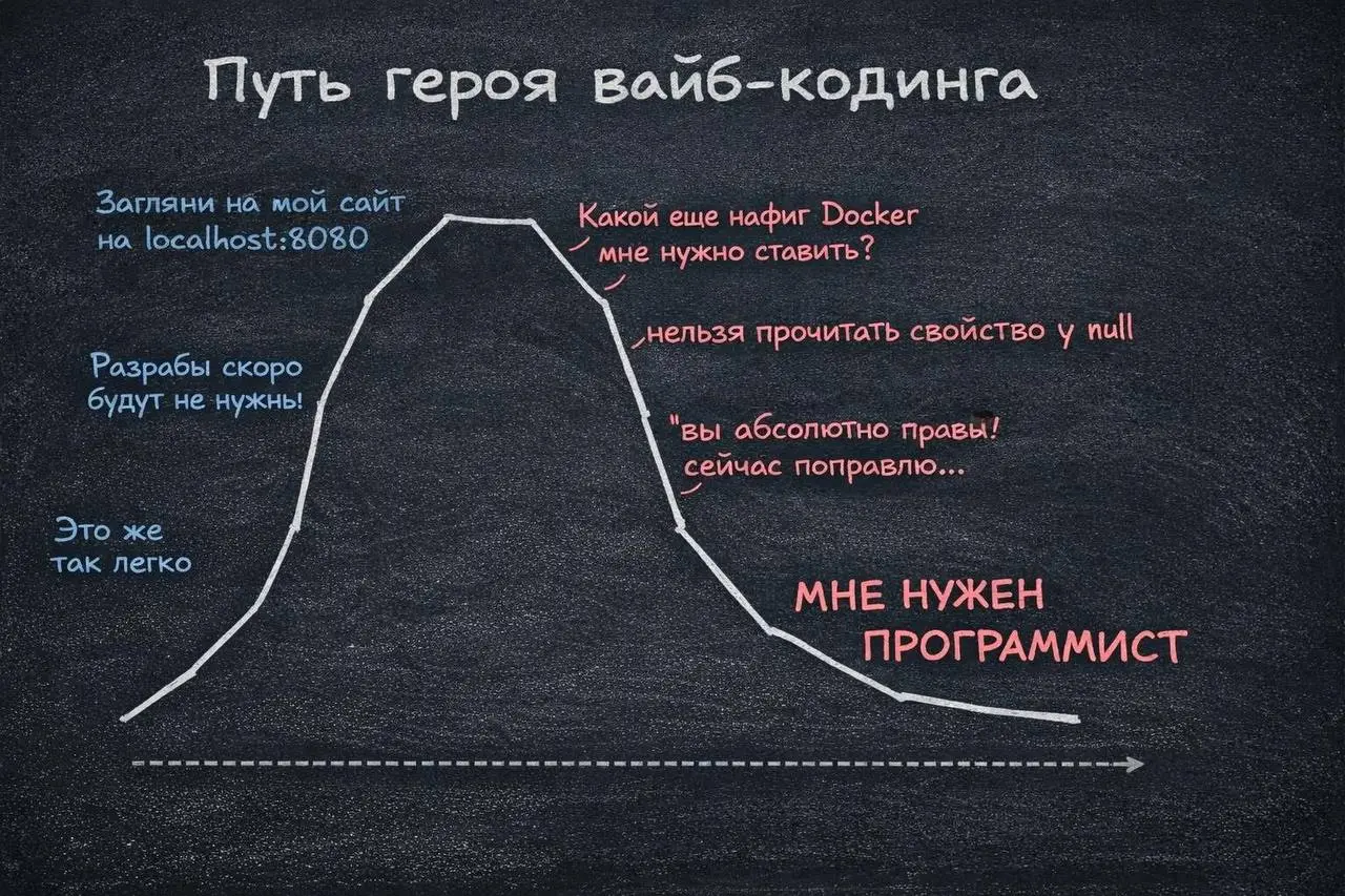 Вайбкодинг и смерть профессии разработчика
Наткнулся на такой вот пост про вайбкодинг. И вот на такую картинку. Честно все это утащил с других мест для своего поста | Сетка — социальная сеть от hh.ru