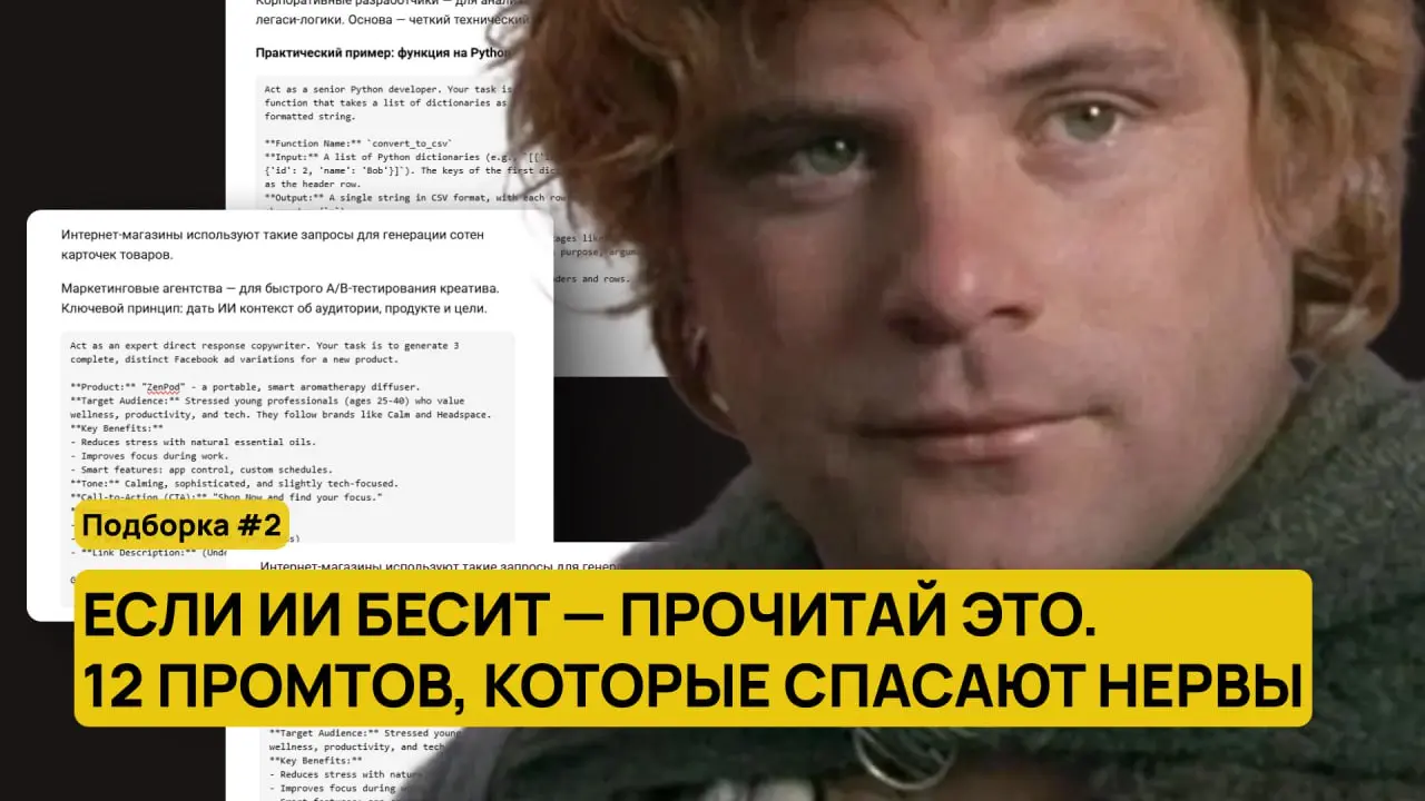 Если ИИ бесит — прочитай это. 
12 ПРОМТОВ, которые спасают нервы
Скуратов AI
#промты #подборка
В этом посте были ссылки, но мы их удалили по правилам Сетки | Сетка — социальная сеть от hh.ru