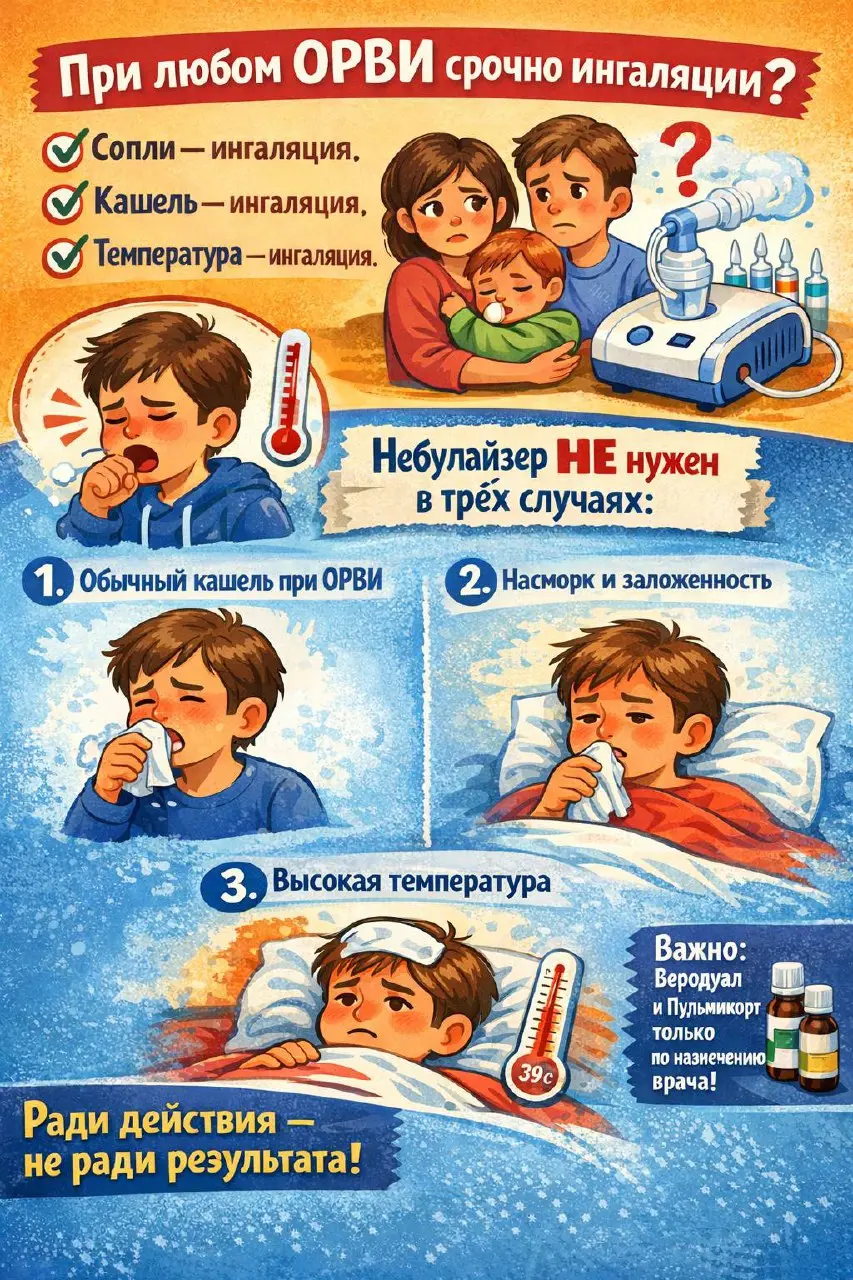 Очень часто вижу одну и ту же привычку у родителей: дома стоит небулайзер, а в голове живёт мысль, что при любом ОРВИ нужно срочно делать ингаляции. Сопли — ингаляция. Кашель — ингаляция | Сетка — социальная сеть от hh.ru