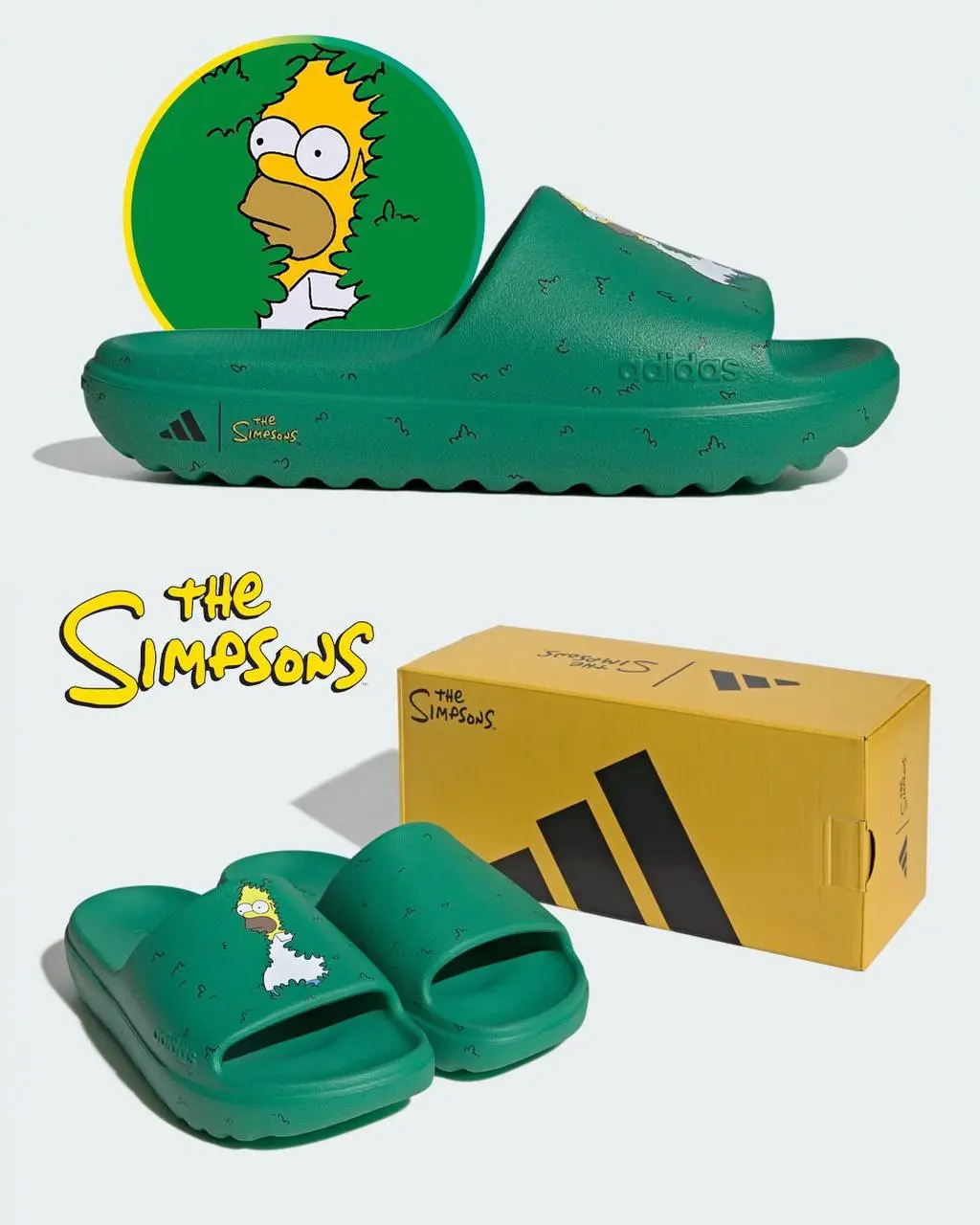 Тапочки с легендарным МЕМОМ Гомера Симпсона в кустах дропнул adidas. Это модель Adilette Slide в зеленом цвете с логотипом и элементами культового шоу. Стоят такие всего 50 долларов (3,9 тысяч рублей) | Сетка — социальная сеть от hh.ru