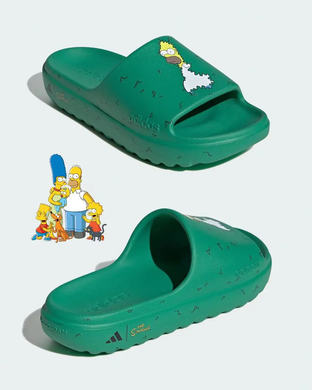 Тапочки с легендарным МЕМОМ Гомера Симпсона в кустах дропнул adidas. Это модель Adilette Slide в зеленом цвете с логотипом и элементами культового шоу. Стоят такие всего 50 долларов (3,9 тысяч рублей) | Сетка — социальная сеть от hh.ru