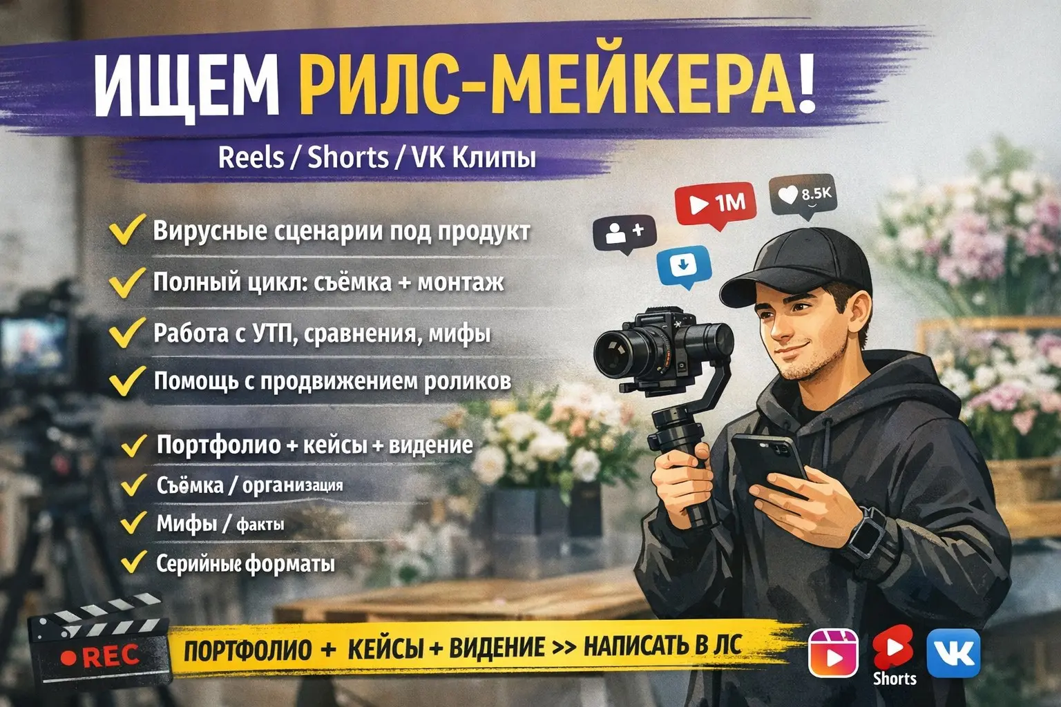 Ищем рилс-мейкера на проект (Reels / Shorts / VK Клипы)
Нужен креатор с маркетинговым мышлением | Сетка — социальная сеть от hh.ru