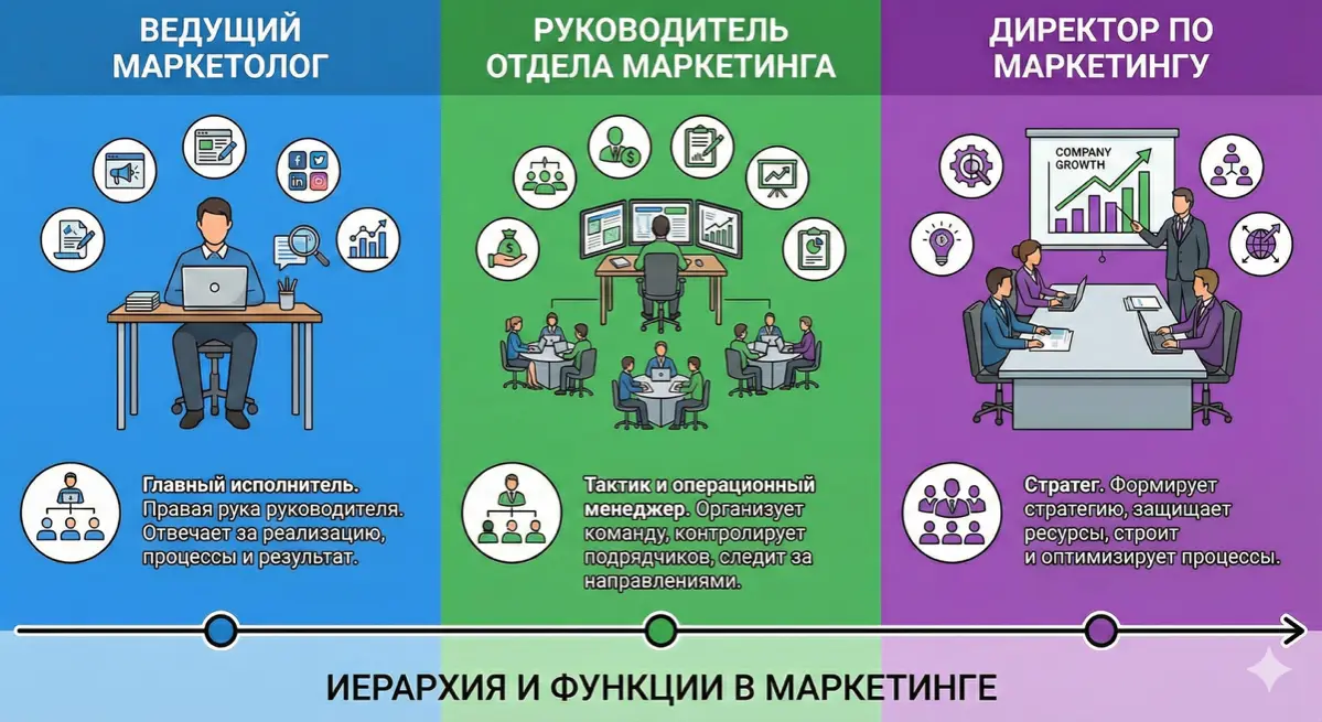 Ключевые отличия маркетолога, РОМа и CMO | Сетка — социальная сеть от hh.ru