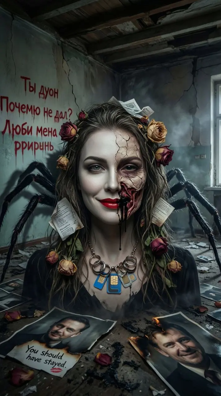 Женщина-хищница в хоррор-стиле: бледная, с лицом, будто вылепленным из воска, одна половина — идеальный макияж и улыбка, другая — облезлая кожа и пустые глазницы | Сетка — социальная сеть от hh.ru