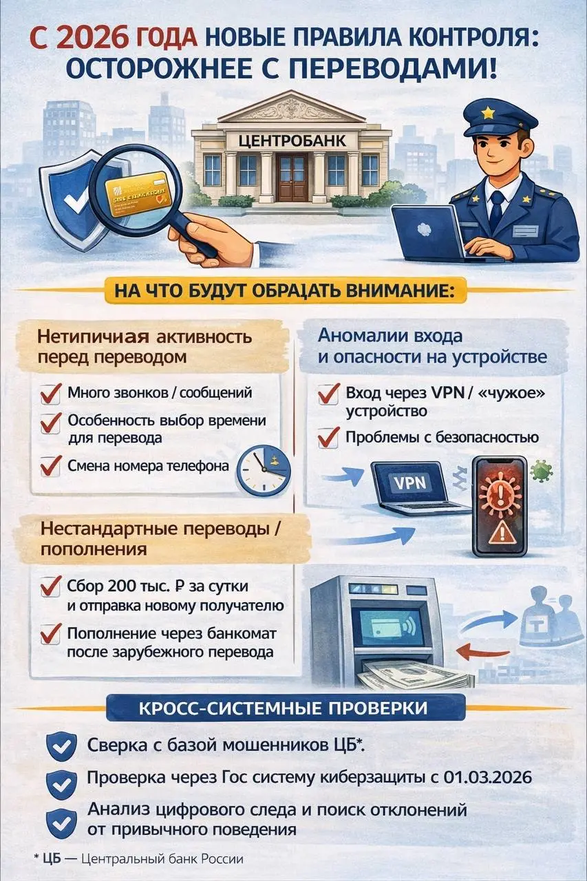 💳 С 2026 года банки стали ещё внимательнее к операциям клиентов
🏛 Центробанк выпустил приказ № ОД-2506 от 05.11.2025, который серьёзно расширил признаки подозрительных переводов | Сетка — социальная сеть от hh.ru