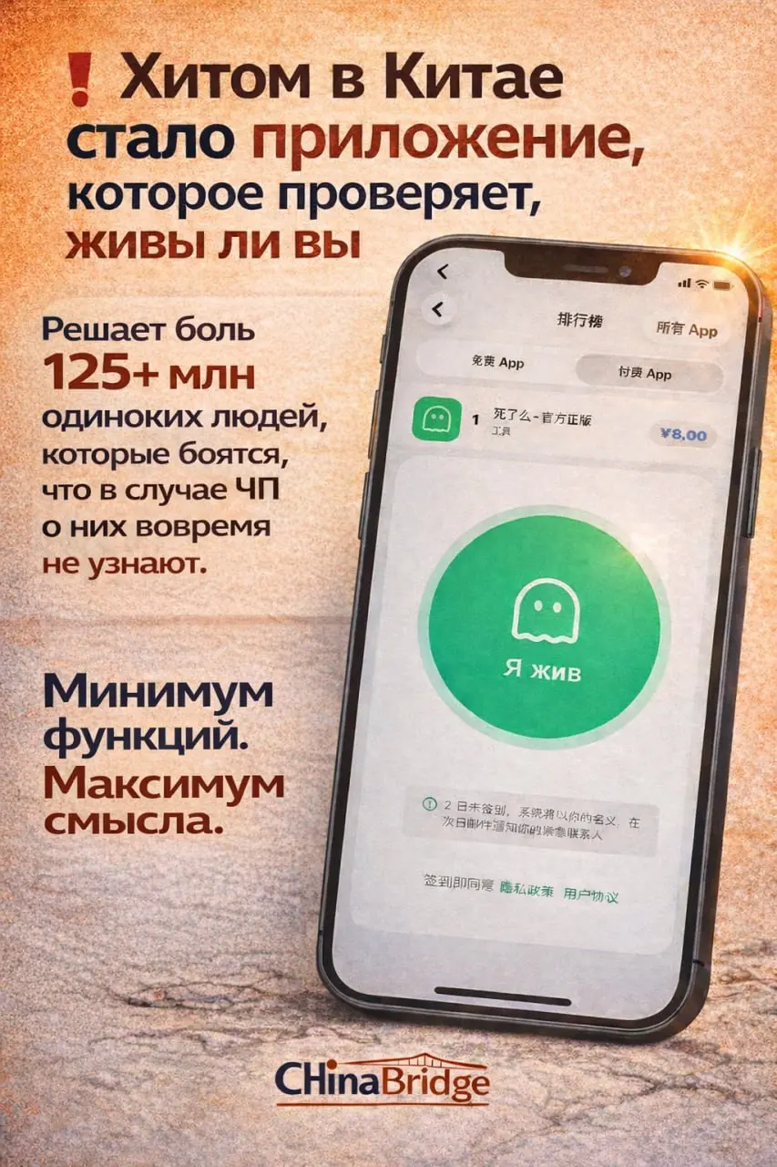 ❗️ Хитом в Китае стало приложение, которое проверяет, живы ли вы. Вот что это значит для рынка.
Цена — 8 юаней (~$1). Затраты — всего 1000 юаней (~$140), а сама разработка составила менее месяц | Сетка — социальная сеть от hh.ru