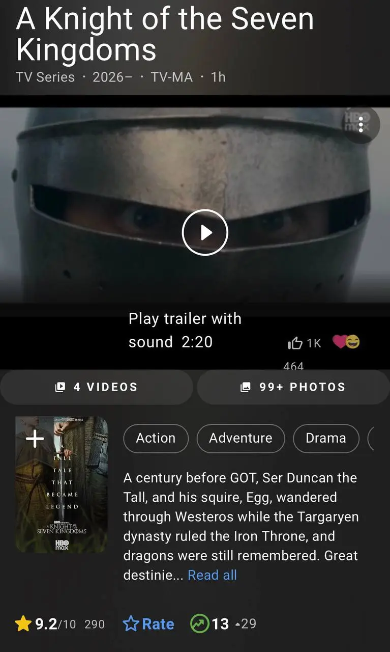 Вышел первый эпизод сериала «Рыцаря семи королевств».
Эпизод имеет 9,2/10 баллов на IMDb на основе 290 рецензий | Сетка — социальная сеть от hh.ru