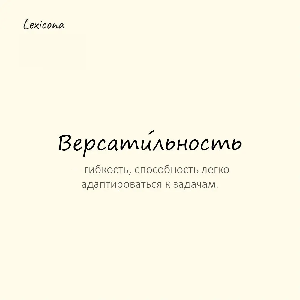 Версати́льность — гибкость, способность легко адаптироваться к задачам.
Пример употребления:
Версатильность стала ценным навыком в команде. | Сетка — социальная сеть от hh.ru