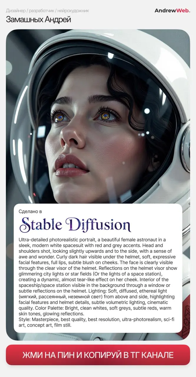 Промпт 1:
Ultra-detailed photorealistic portrait, a beautiful female astronaut in a sleek, modern white spacesuit with red and grey accents | Сетка — социальная сеть от hh.ru