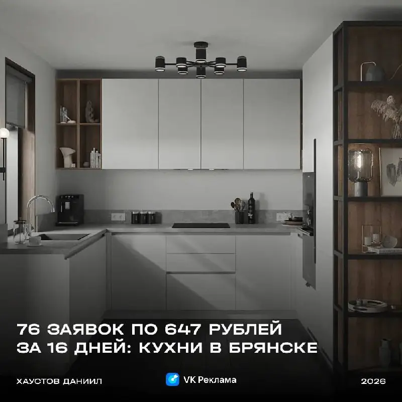 76 заявок по 647 рублей на заказ кухонь за 16 дней. Кейс VK Реклама 2026
Кажется, это моя любая ниша.Читать кейс | Сетка — социальная сеть от hh.ru