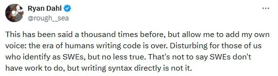 💀 Эра людей, которые пишут код, закончена.
Это сказал не очередной мамкин инфлюенсер с курсом по ChatGPT, а Райан Даль — создатель Node.js и Deno | Сетка — социальная сеть от hh.ru