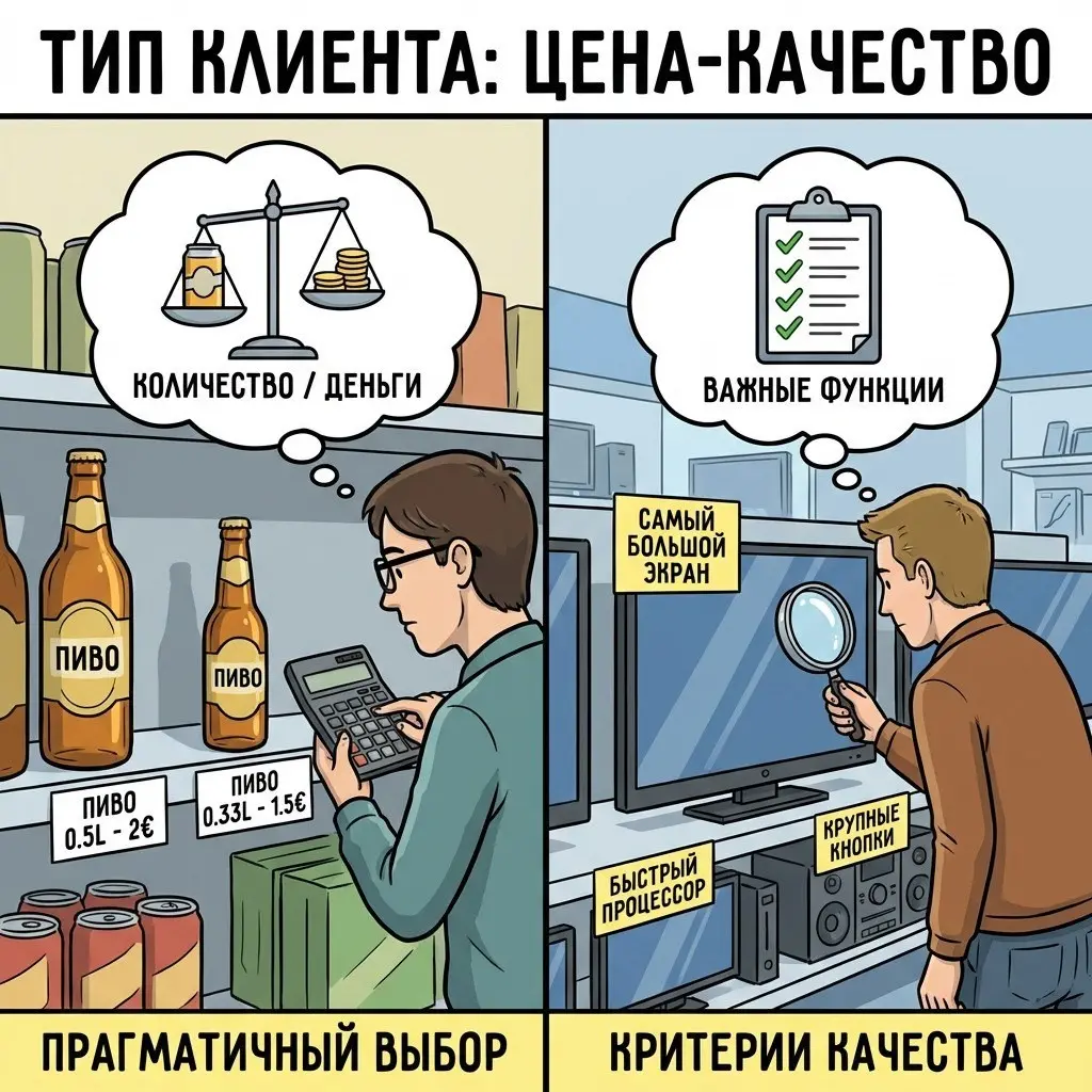 Однако здравствуйте, идем дальше, типы клиентов, и на очереди у нас...
4. Цена-качество
Если упростить, то это "количество/качество Продукта в единицу денег"
Это самые прагматичные товарищи | Сетка — социальная сеть от hh.ru