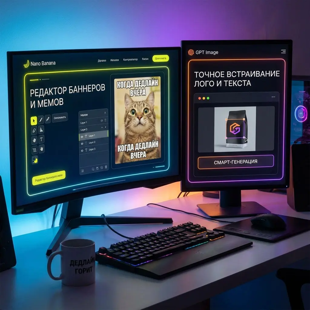 Nano Banana vs GPT Image: новый уровень ИИ‑фотошопа ⚡️
Если ты до сих пор правишь баннеры в ручном фотошопе — ты просто сливаешь часы.
Nano Banana (Gemini 2 | Сетка — социальная сеть от hh.ru
