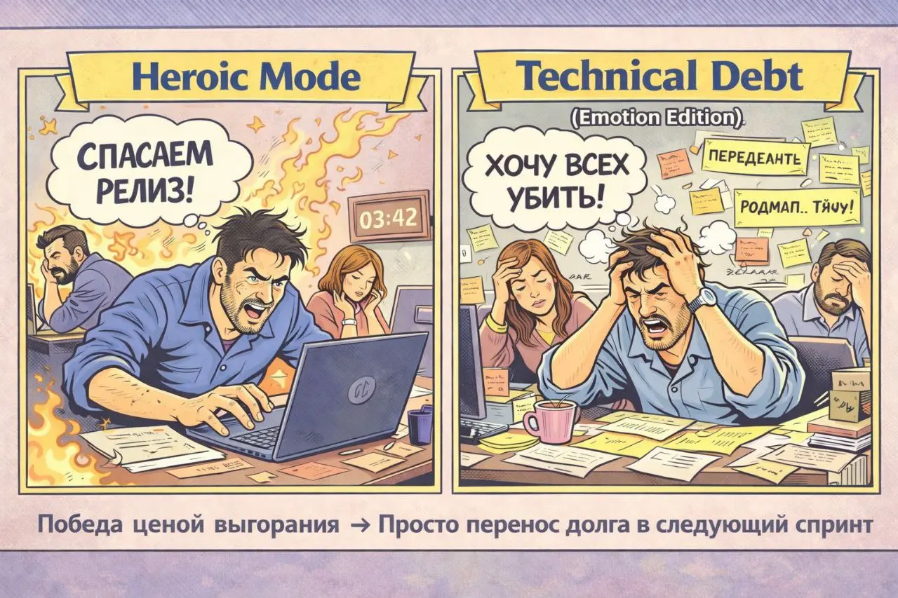 Хоть и среда - маленькая пятница, но все равно хотелось бы пройтись по следам вчерашнего релиза.
Переработки - это не «героизм команды».
Это дефект системы | Сетка — социальная сеть от hh.ru