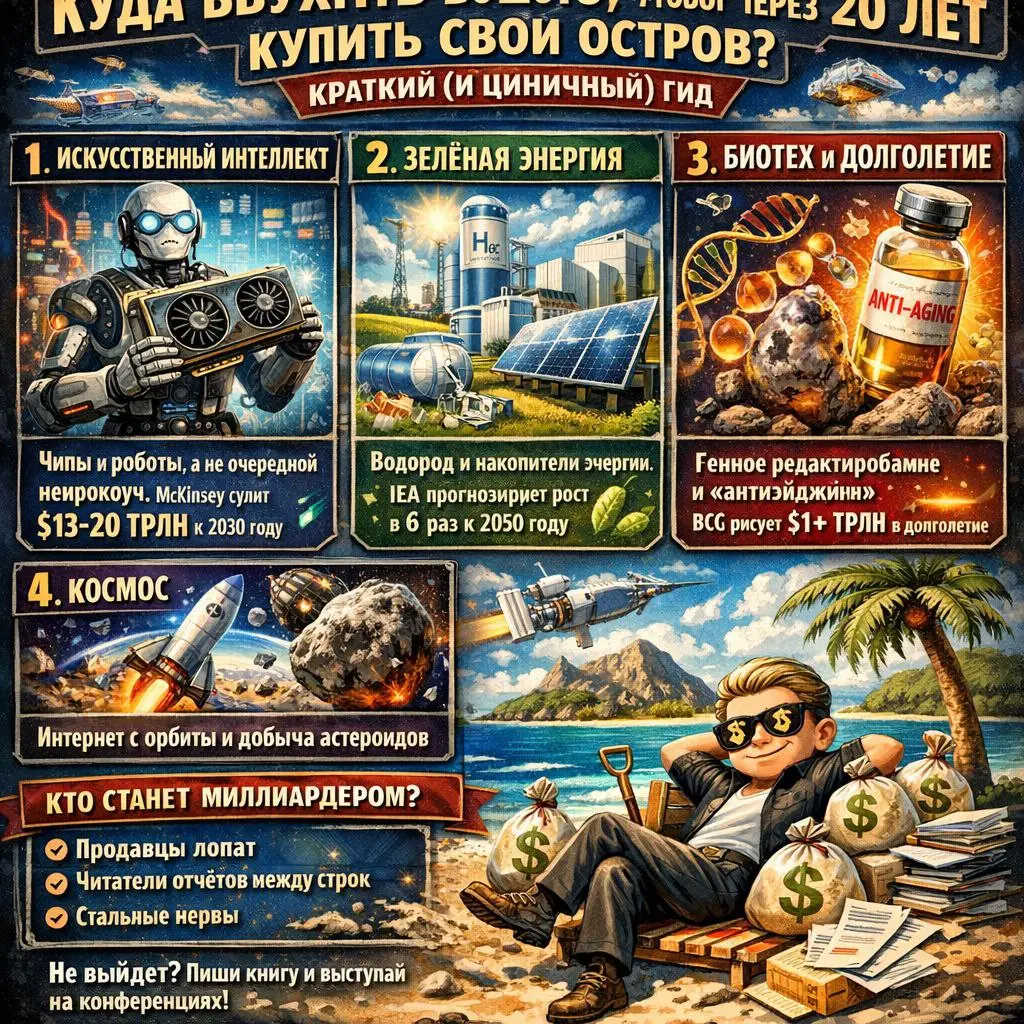 Куда вбухать бабло, чтобы через 20 лет купить свой остров? Краткий (и циничный) гид
Сидите и думаете: «Эх, опоздал на ИИ, крипту провалил.. | Сетка — социальная сеть от hh.ru